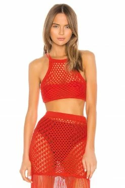 Camila Coelho Ipanema Crochet Top In Coral Red